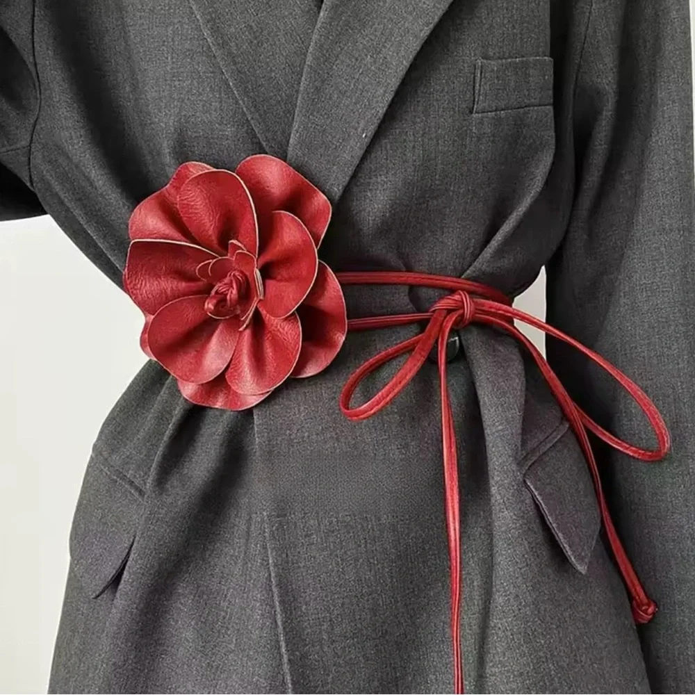 Red Floral Leather Waist Belt with large Flower